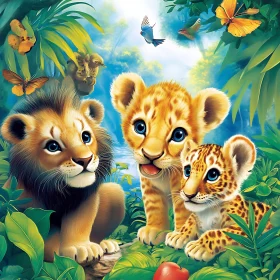 Jungle Scene with Lions and Cubs