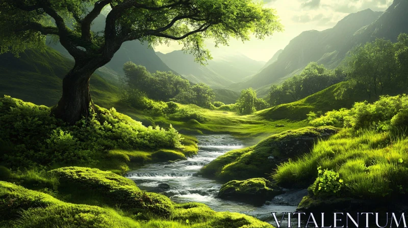 AI ART Tranquil Forest with Sunlit Stream and Majestic Mountains