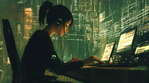 Female Hacker in Cyberpunk Environment
