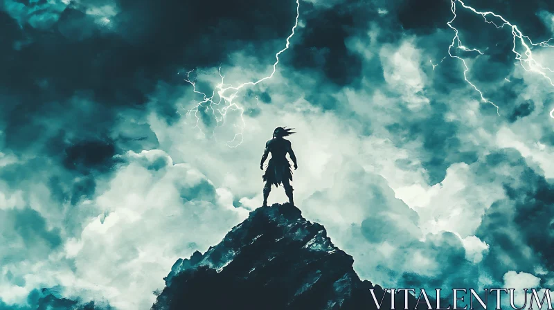 AI ART Figure on Mountain with Lightning