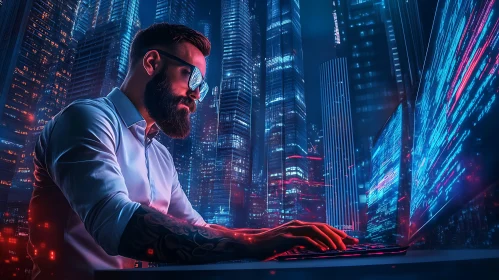 Man Coding in Neon City