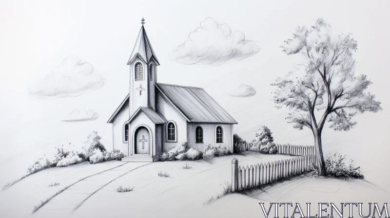 Serene Church Sketch in Countryside Setting AI Image