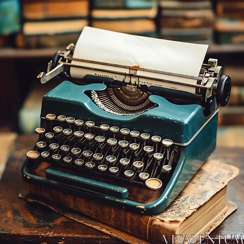 Teal Typewriter on Aged Book Stack AI Image