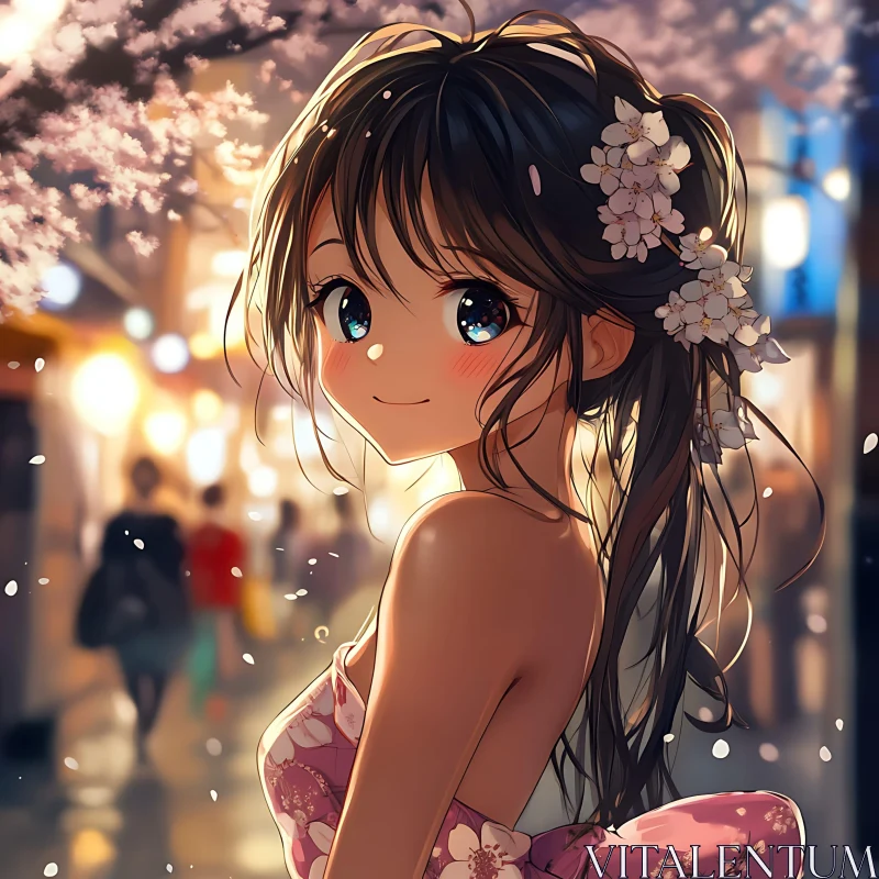 Anime Girl in Flower-Adorned Street AI Image