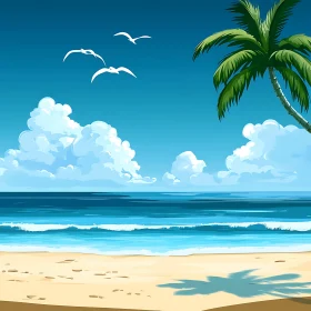 Seascape with Palm Tree and Seagulls