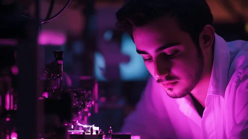 Focused Scientist in Illuminated Laboratory