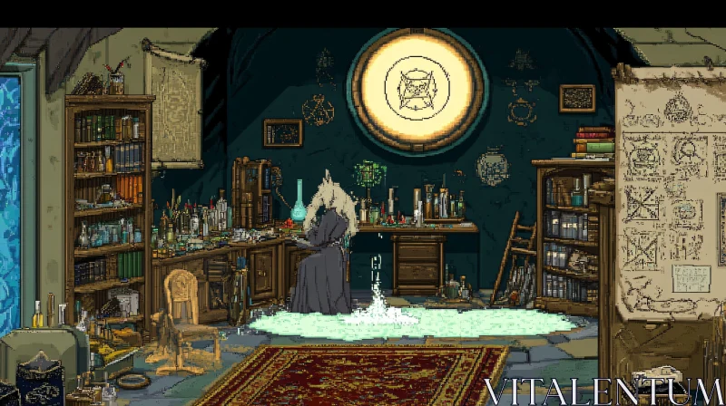 Enchanting Pixelated Wizard's Study Scene AI Image