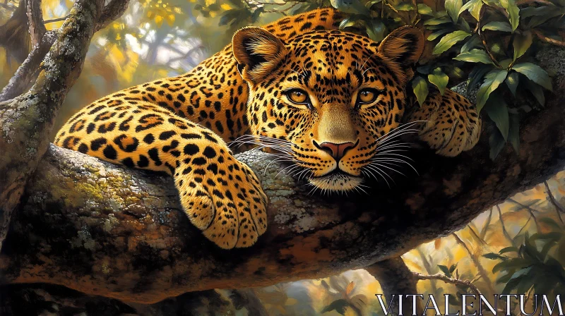 Serene Leopard Portrait on Tree Limb AI Image