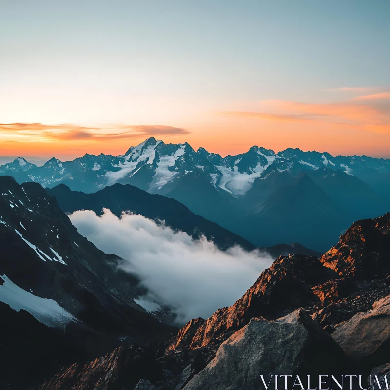 Snowy Mountains with Clouds at Sunset AI Image