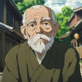 Anime Illustration of an Elderly Man in a Village