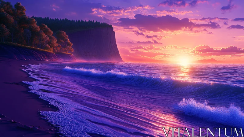 Purple-Hued Coastal Sunset with Majestic Cliff AI Image