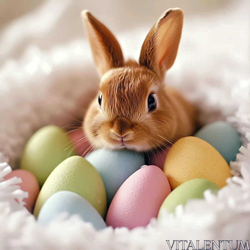 Springtime Bunny and Pastel Eggs AI Image