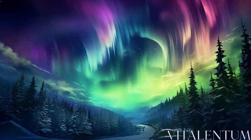 Aurora Borealis Night Sky Over Mountains - Colorful Cartoon Style Wallpaper AI Image