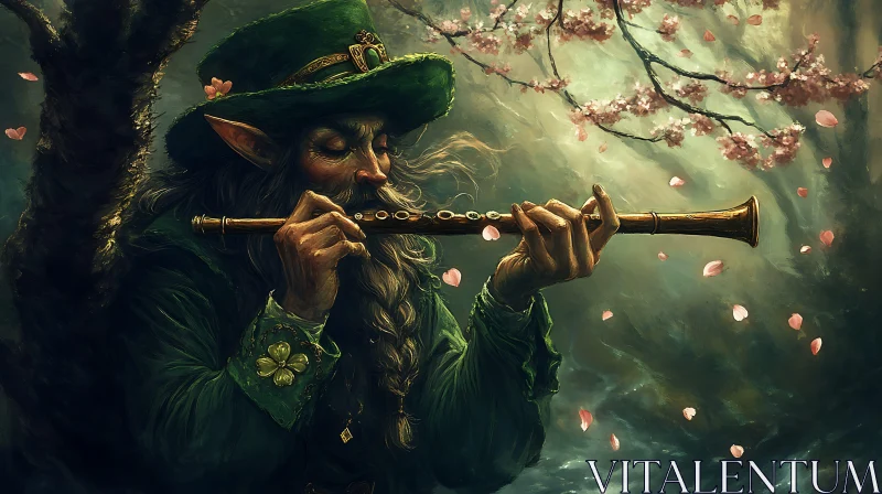 AI ART Leprechaun Playing Flute Under Cherry Blossoms