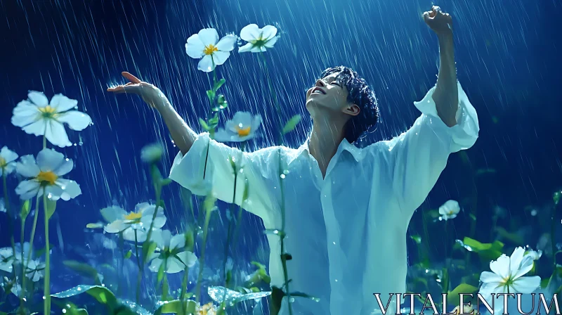 Ecstatic Embrace of Rain in Blooming Garden AI Image