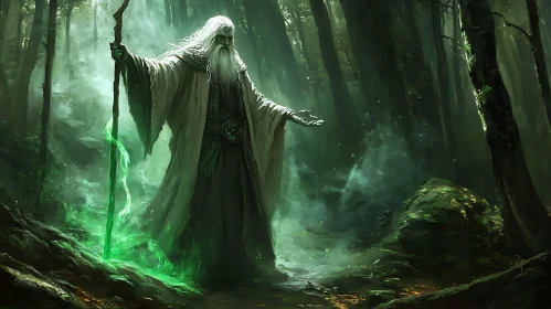 Mystical Forest Wizard with Glowing Staff