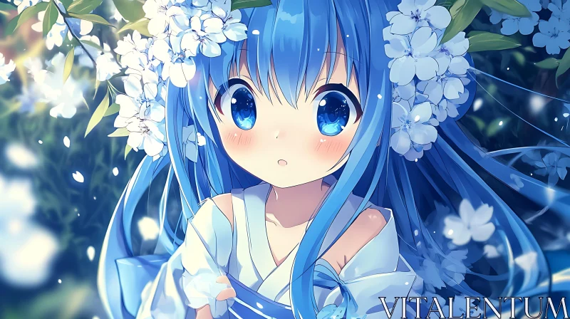 AI ART Anime Artwork Featuring Blue-Haired Girl with Flowers