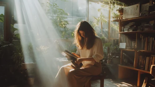 Woman Reading in Sunlit Garden Room