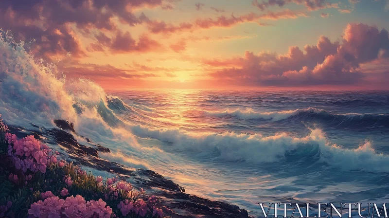 AI ART Seascape at Dusk with Waves and Flowers