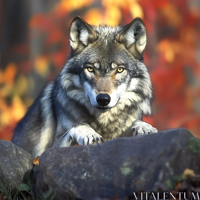 Gray Wolf Observing from Rocky Ledge AI Image