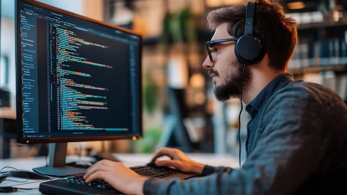 Concentrated Programmer with Headphones