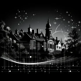Mysterious Castle Under Starry Night - Black and White Illustration