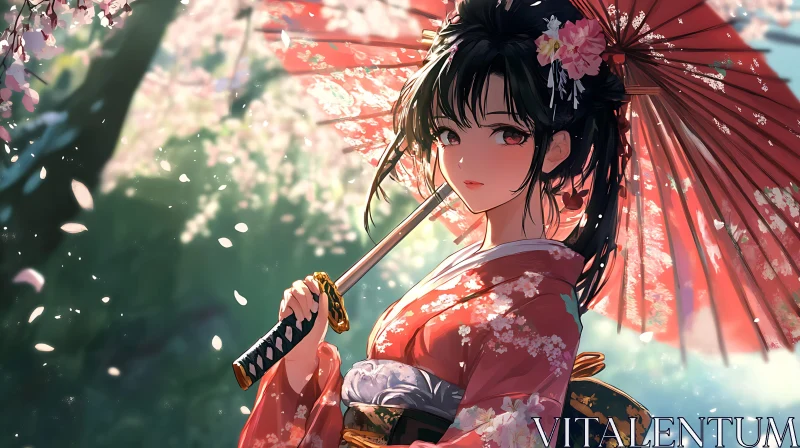 Anime Girl with Japanese Umbrella in Blooming Forest AI Image