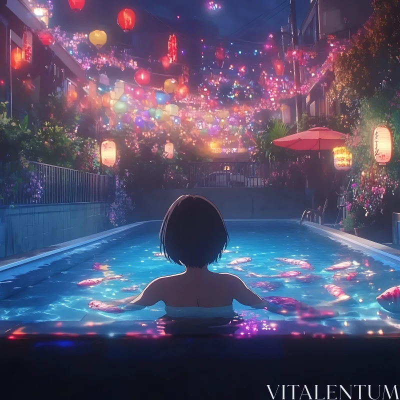 Luminous Lanterns and Poolside Tranquility AI Image