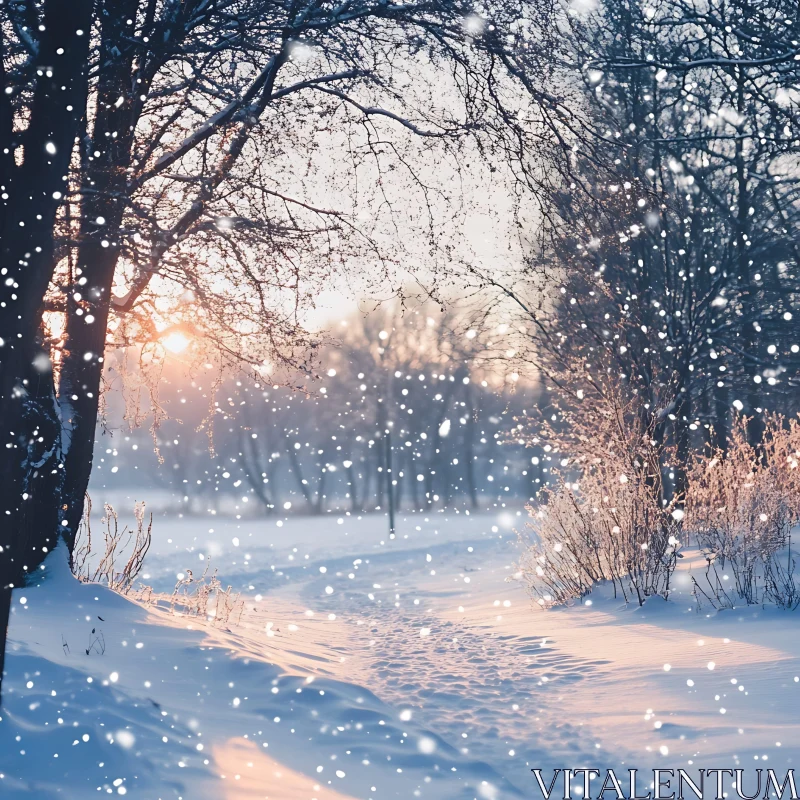 Sunlit Forest Path in Winter Wonderland AI Image