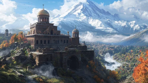 Hilltop Building with Mountain Backdrop
