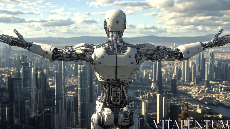 Robot Embracing Urban Skyline AI Image