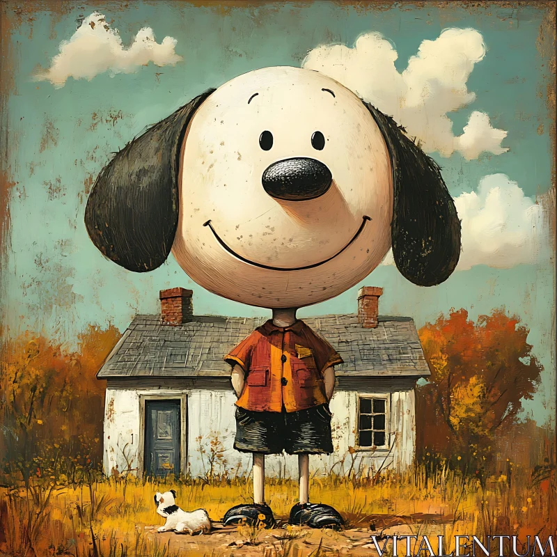 Adorable Cartoon Dog with Rustic House and Nature AI Image