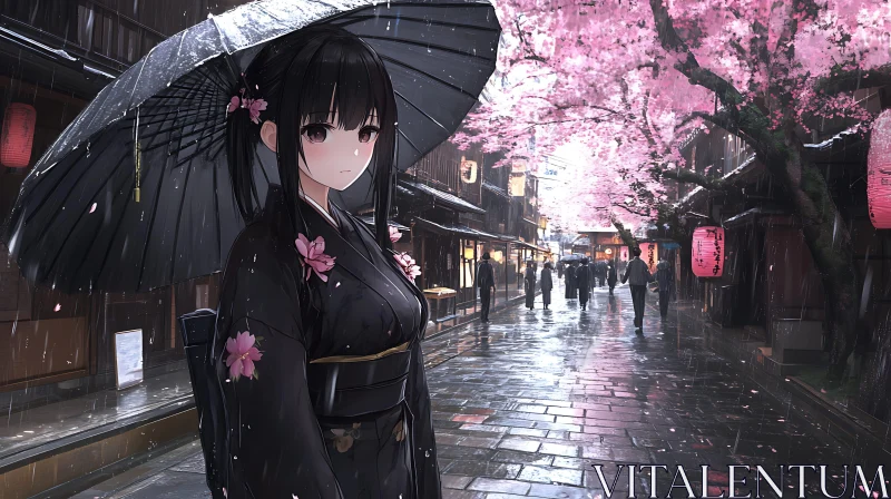 Anime Girl with Umbrella in Rainy Cherry Blossom Street AI Image