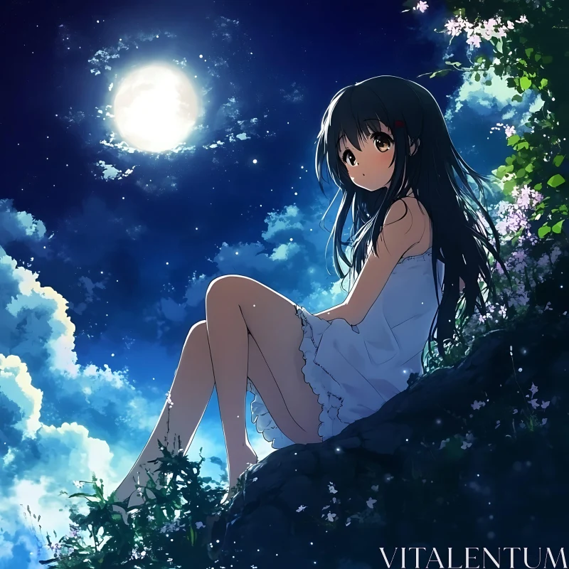 Tranquil Anime Girl in Moonlit Nature AI Image