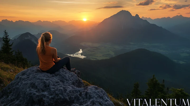 Woman Admiring Mountain Sunset AI Image