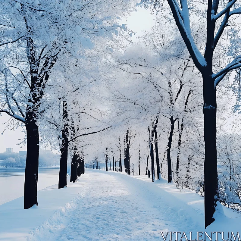 Frost-Covered Winter Path Through Trees AI Image