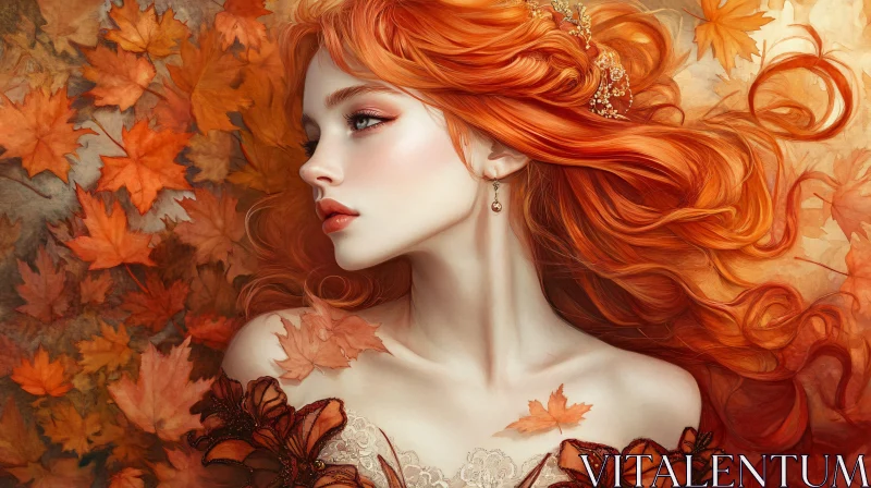 AI ART Autumn Leaves and Red-Haired Woman Portrait