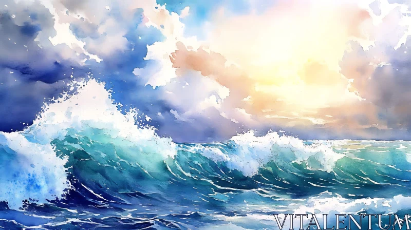 AI ART Seascape Watercolor Painting with Ocean Waves