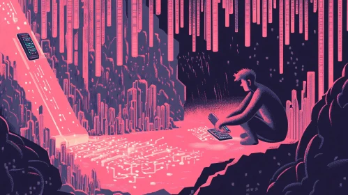 Person in Digital Cave with Glowing Data