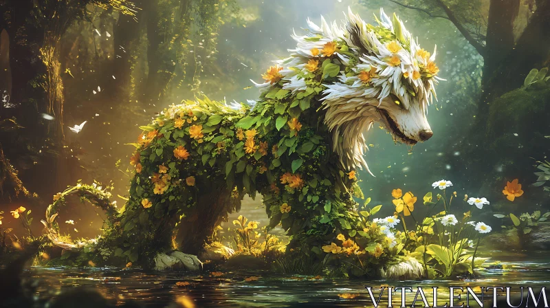 Mystical Flower Wolf in Woodland Realm AI Image