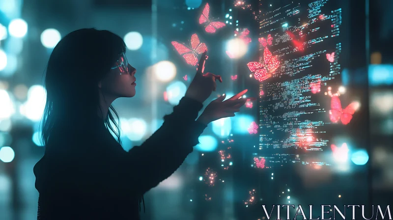 AI ART Woman Interacting with Digital Butterflies