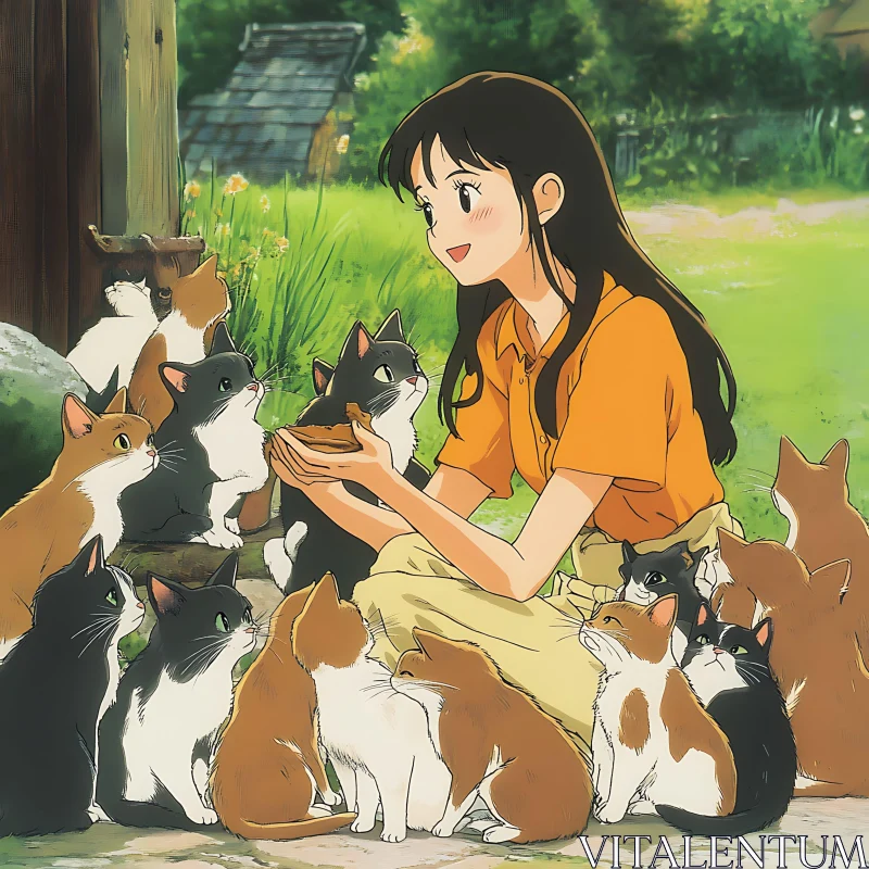 AI ART Anime Girl and Cats in Rural Garden