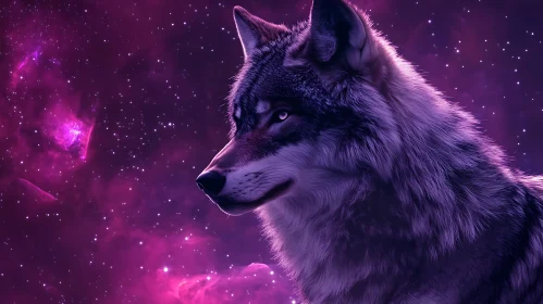 Cosmic Wolf Portrait with Nebula Background