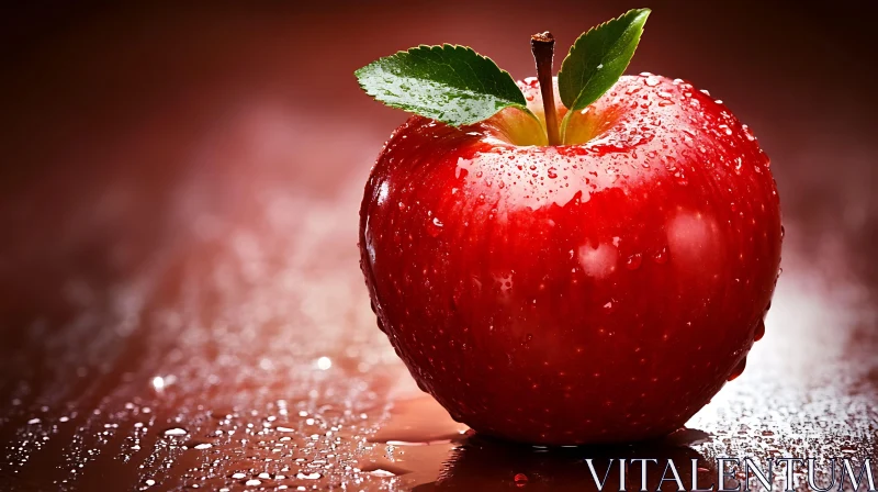 Wet Red Apple with Green Leaves AI Image