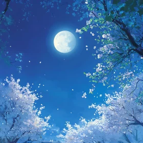 Serenity Under the Full Moon in Blooming Nature