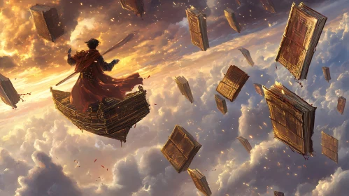 Floating Books and Boat in Sky