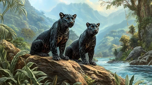 Two Black Panthers Overlooking Jungle River