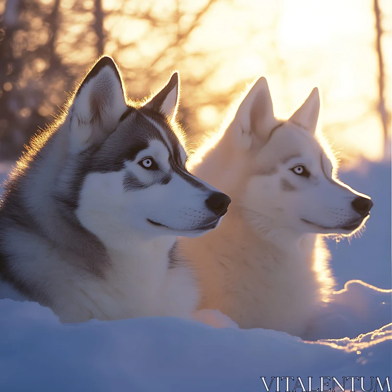 AI ART Huskies in the Snow at Sunset