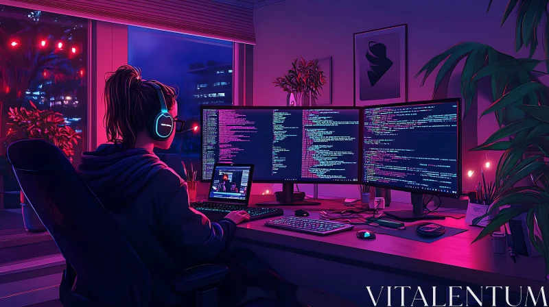 Coder at Neon Lit Desk AI Image