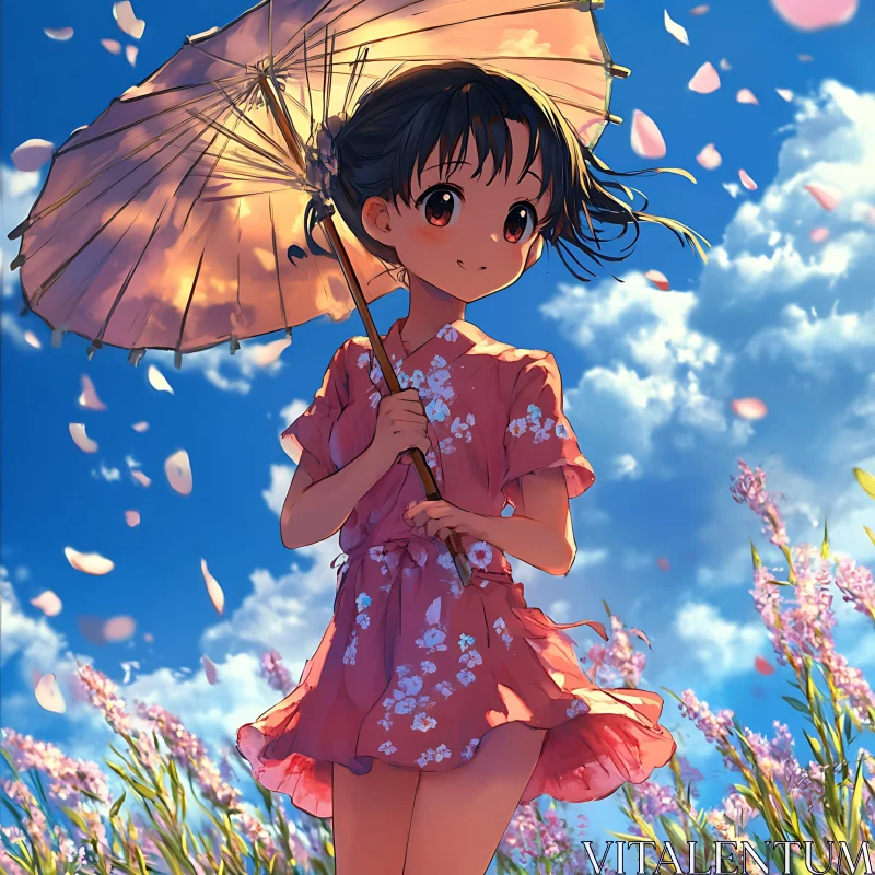 Anime Girl in Flower Field with Parasol and Floating Petals AI Image